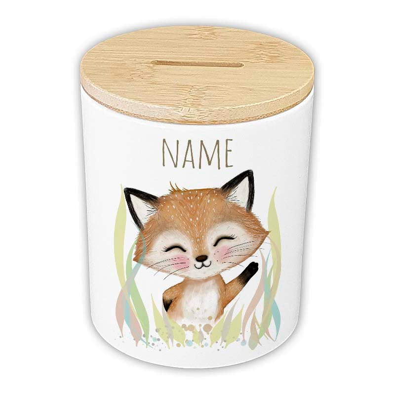 Personalisierte Spardose "Aquarell-Tiere" | Keramik mit Bambusdeckel