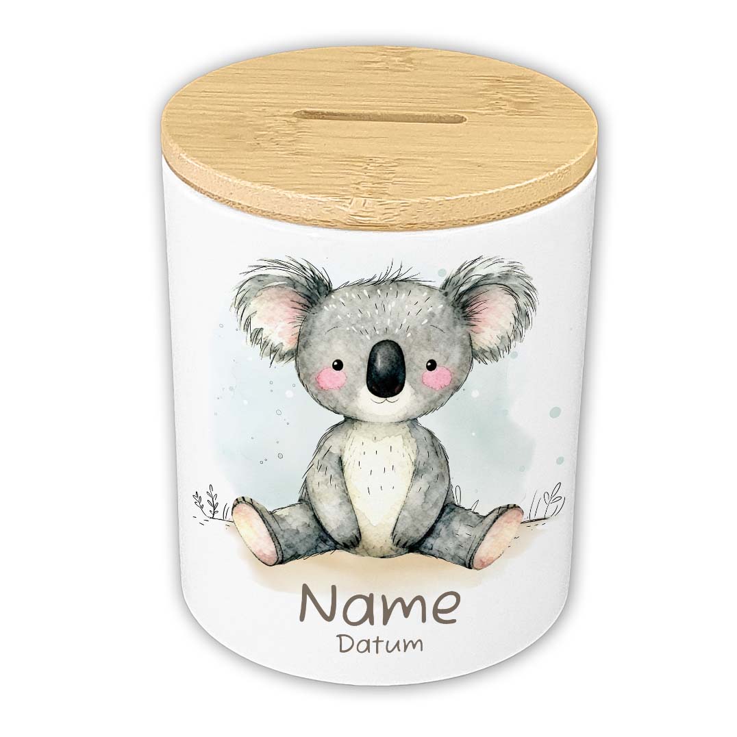 Personalisierte Spardose Keramik Bambusdeckel & Aquarell Tiere