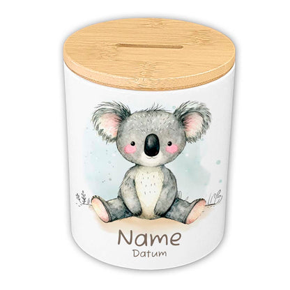 Personalisierte Spardose Keramik Bambusdeckel & Aquarell Tiere