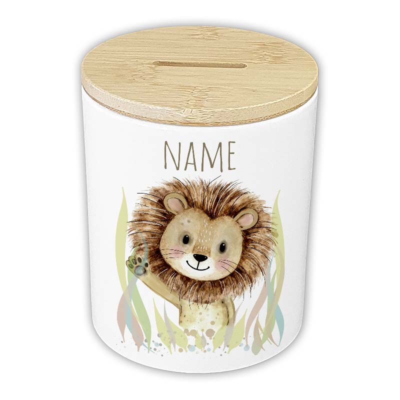 Personalisierte Spardose "Aquarell-Tiere" | Keramik mit Bambusdeckel