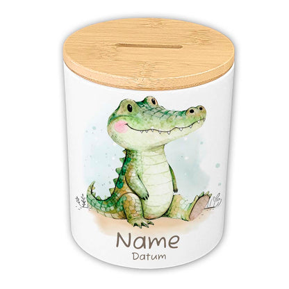 Personalisierte Spardose Keramik Bambusdeckel & Aquarell Tiere
