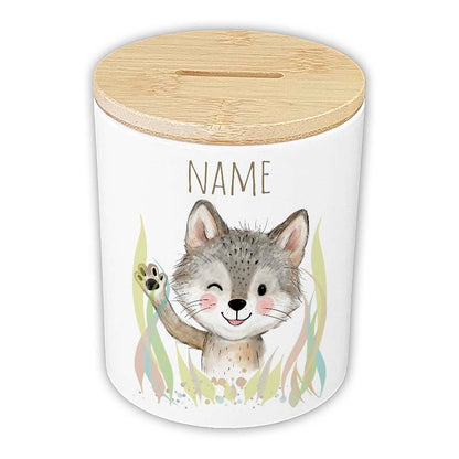 Personalisierte Spardose "Aquarell-Tiere" | Keramik mit Bambusdeckel