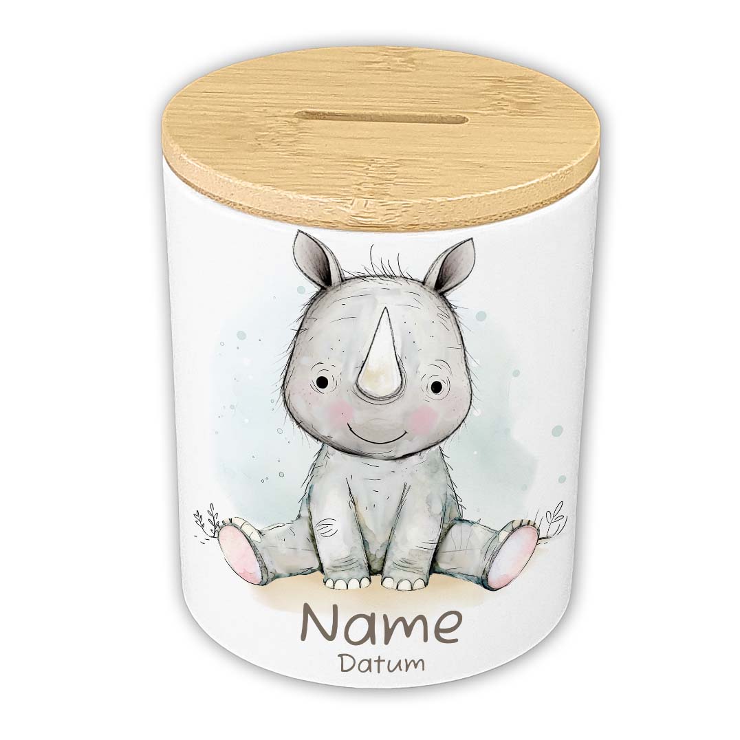 Personalisierte Spardose Keramik Bambusdeckel & Aquarell Tiere