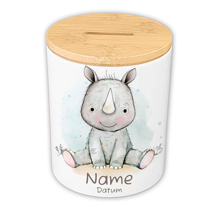 Personalisierte Spardose Keramik Bambusdeckel & Aquarell Tiere