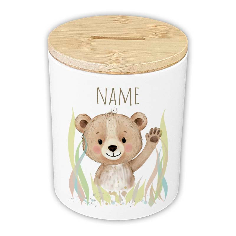 Personalisierte Spardose "Aquarell-Tiere" | Keramik mit Bambusdeckel