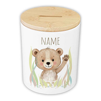 Personalisierte Spardose "Aquarell-Tiere" | Keramik mit Bambusdeckel