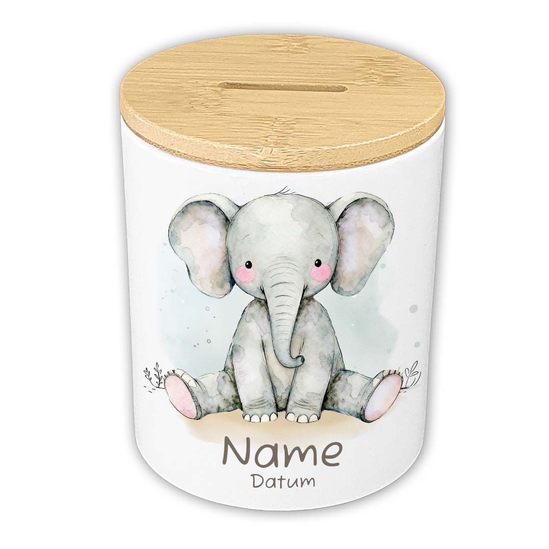 Personalisierte Spardose Keramik Bambusdeckel & Aquarell Tiere