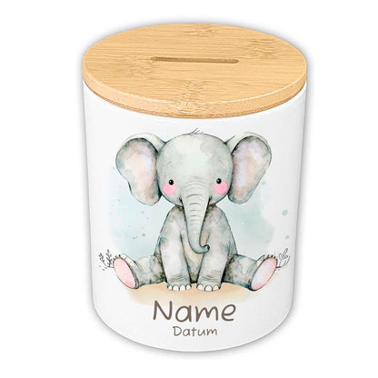Personalisierte Spardose Keramik Bambusdeckel & Aquarell Tiere