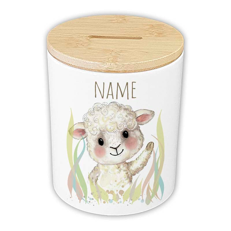 Personalisierte Spardose "Aquarell-Tiere" | Keramik mit Bambusdeckel