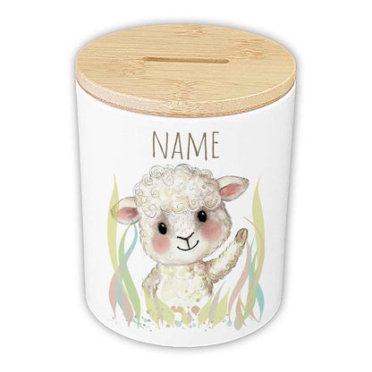 Personalisierte Spardose "Aquarell-Tiere" | Keramik mit Bambusdeckel