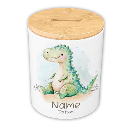 Personalisierte Spardose Keramik Bambusdeckel & Aquarell Tiere
