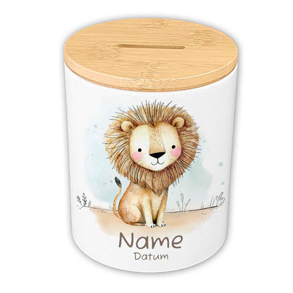 Personalisierte Spardose Keramik Bambusdeckel & Aquarell Tiere