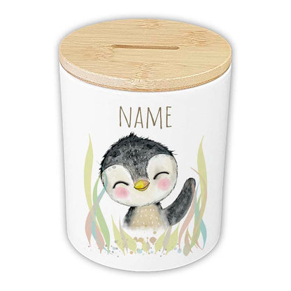 Personalisierte Spardose "Aquarell-Tiere" | Keramik mit Bambusdeckel
