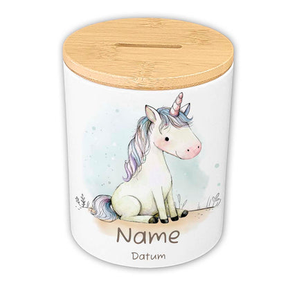 Personalisierte Spardose Keramik Bambusdeckel & Aquarell Tiere