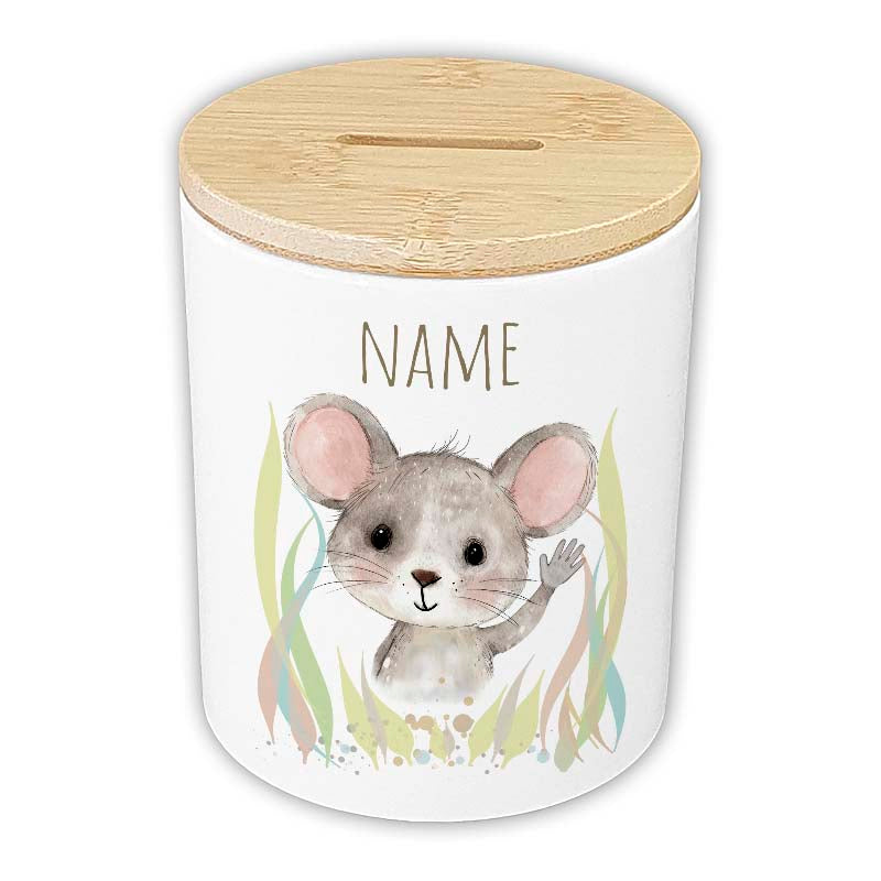 Personalisierte Spardose "Aquarell-Tiere" | Keramik mit Bambusdeckel