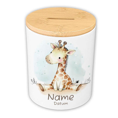 Personalisierte Spardose Keramik Bambusdeckel & Aquarell Tiere