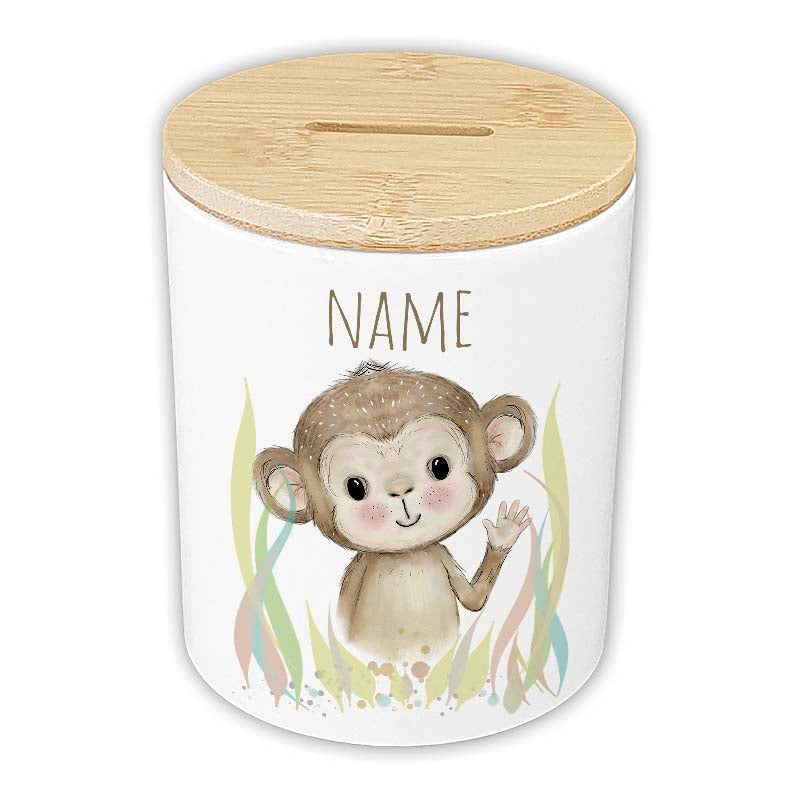 Personalisierte Spardose "Aquarell-Tiere" | Keramik mit Bambusdeckel