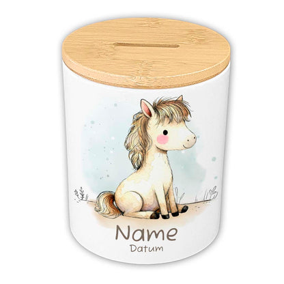 Personalisierte Spardose Keramik Bambusdeckel & Aquarell Tiere