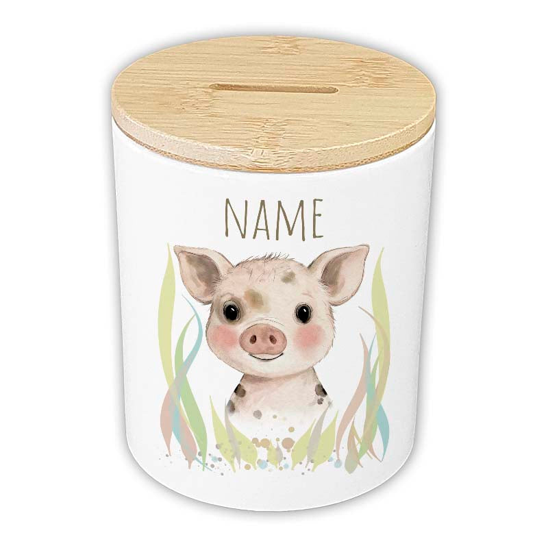 Personalisierte Spardose "Aquarell-Tiere" | Keramik mit Bambusdeckel