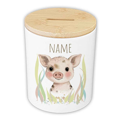 Personalisierte Spardose "Aquarell-Tiere" | Keramik mit Bambusdeckel