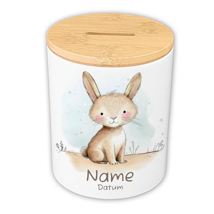 Personalisierte Spardose Keramik Bambusdeckel & Aquarell Tiere