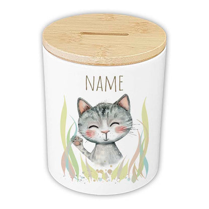 Personalisierte Spardose "Aquarell-Tiere" | Keramik mit Bambusdeckel