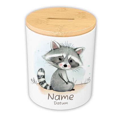 Personalisierte Spardose Keramik Bambusdeckel & Aquarell Tiere