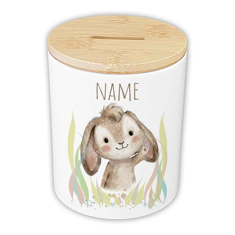 Personalisierte Spardose "Aquarell-Tiere" | Keramik mit Bambusdeckel