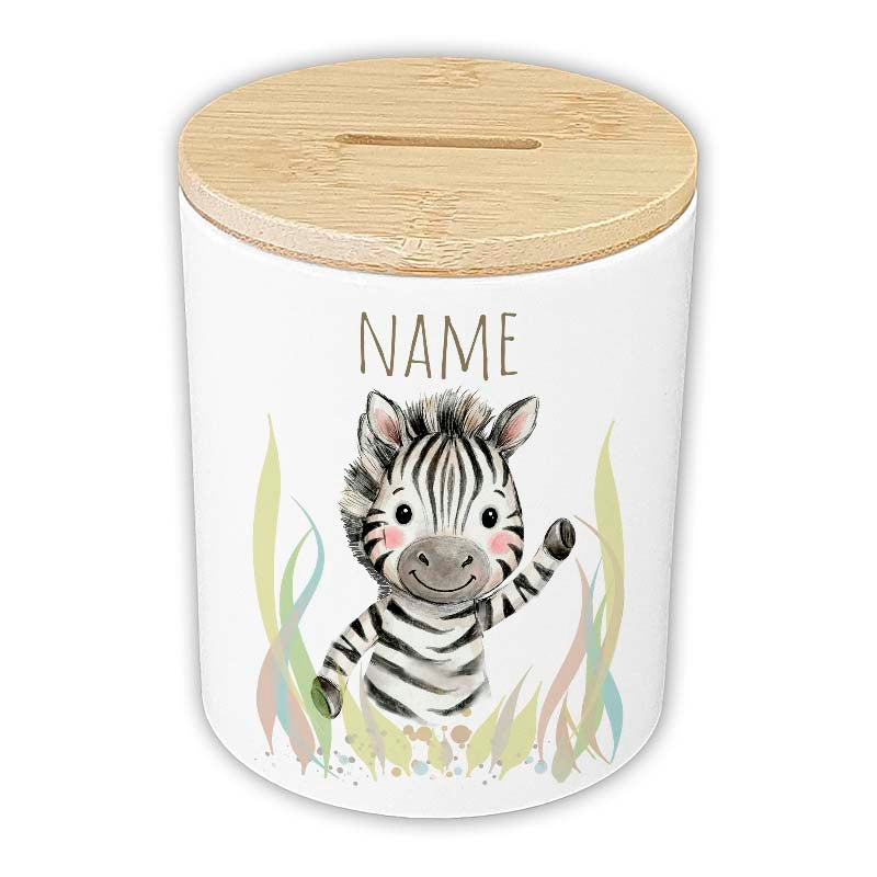 Personalisierte Spardose "Aquarell-Tiere" | Keramik mit Bambusdeckel