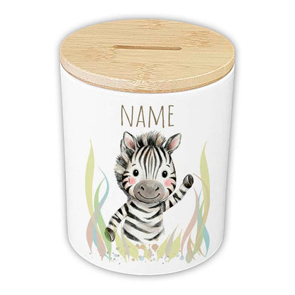 Personalisierte Spardose "Aquarell-Tiere" | Keramik mit Bambusdeckel