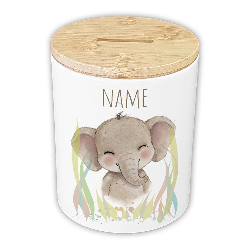 Personalisierte Spardose "Aquarell-Tiere" | Keramik mit Bambusdeckel