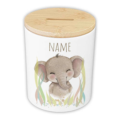Personalisierte Spardose "Aquarell-Tiere" | Keramik mit Bambusdeckel