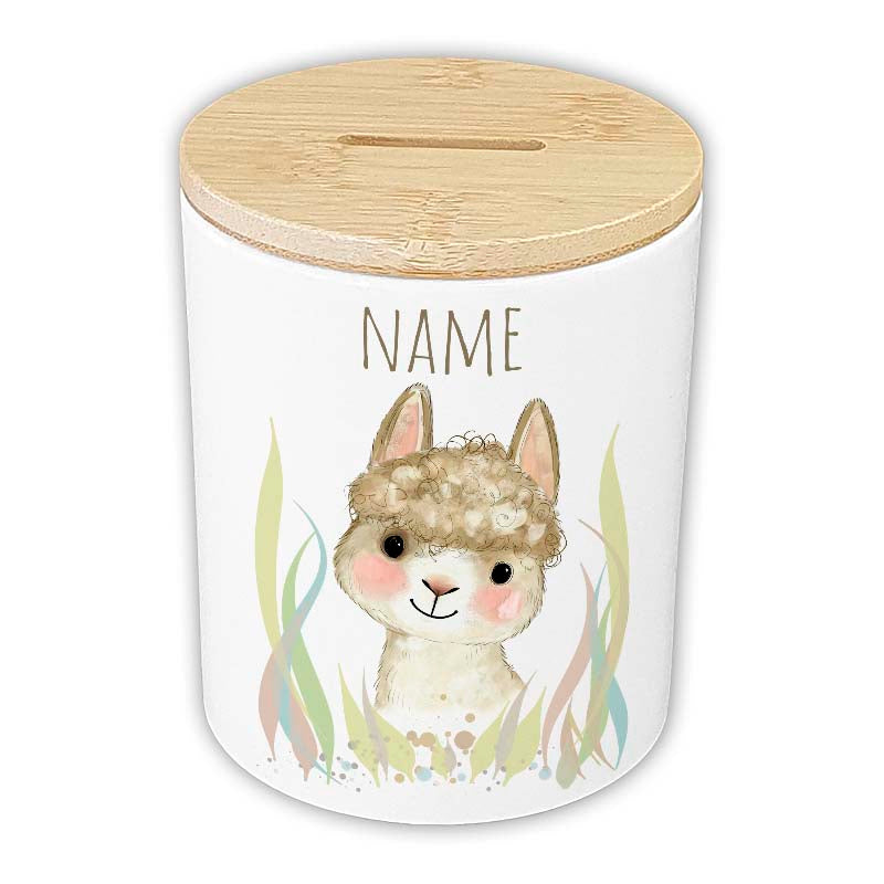 Personalisierte Spardose "Aquarell-Tiere" | Keramik mit Bambusdeckel