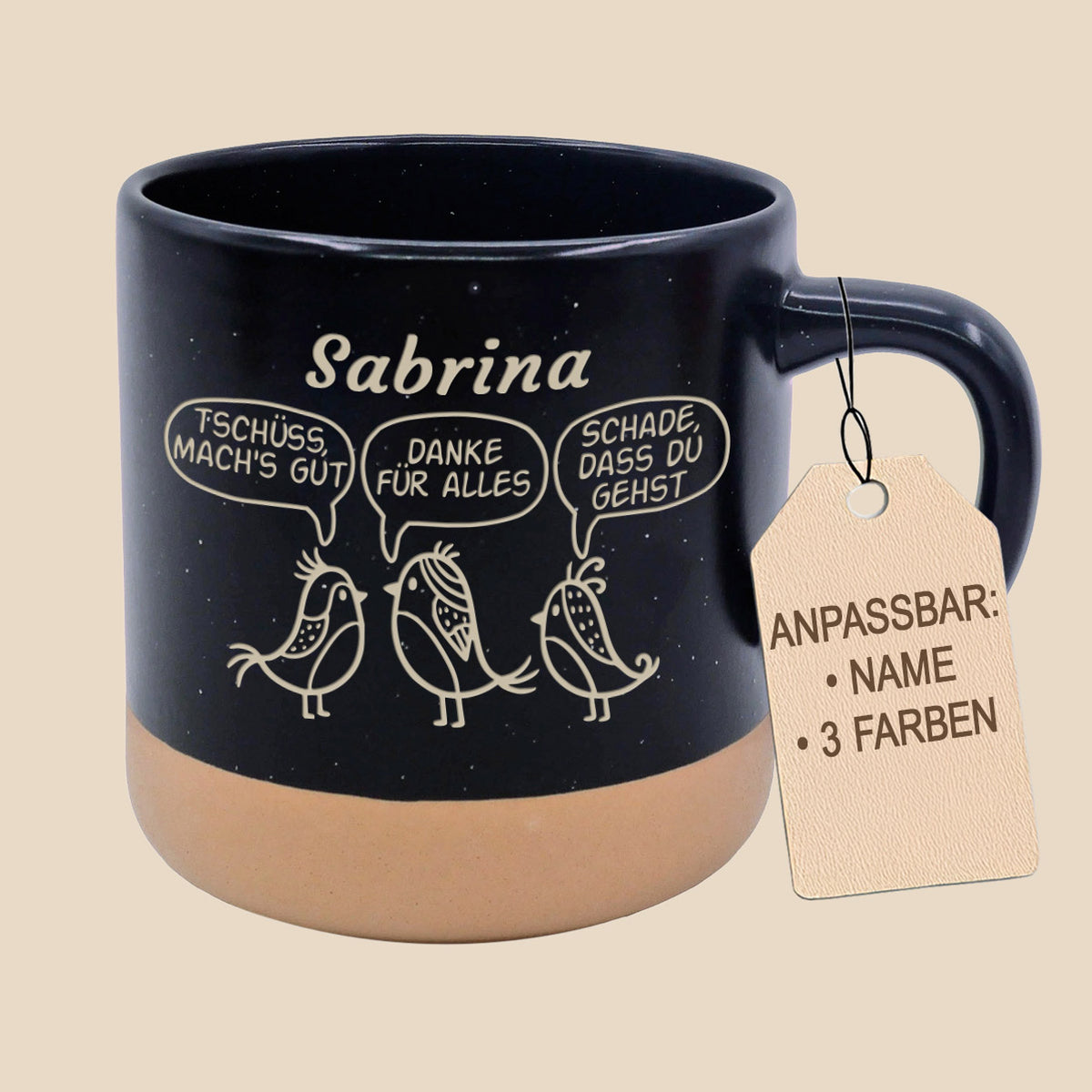 Abschiedsgeschenk Tasse mit Vögeln & Namens-Gravur