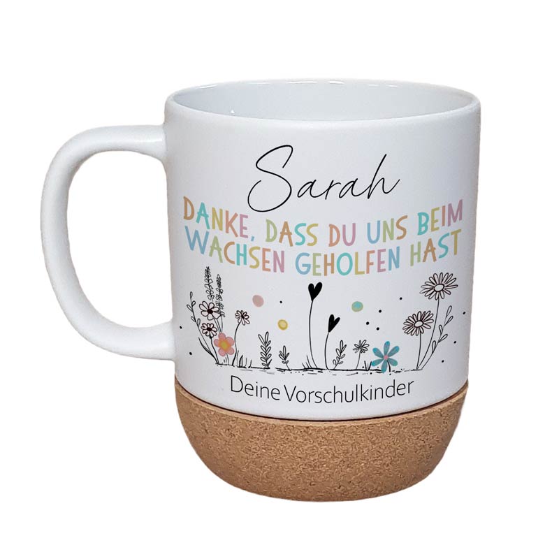 Personalisierte Tasse „Danke für die bunte Zeit“ mit Korkboden & Deckel (Spülmaschinenfest)