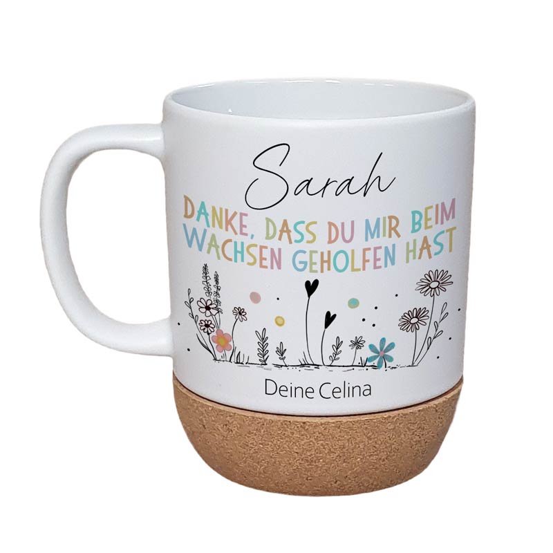 Personalisierte Tasse „Danke für die bunte Zeit“ mit Korkboden & Deckel (Spülmaschinenfest)