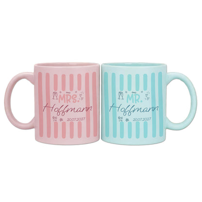 Personalisiertes Mr & Mrs Tassenset mit Nachnamen und Hochzeitsdatum