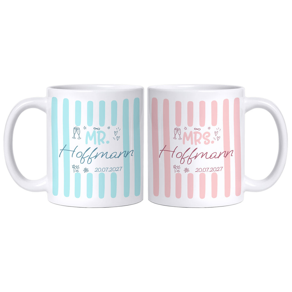 Personalisiertes Mr & Mrs Tassenset mit Nachnamen und Hochzeitsdatum