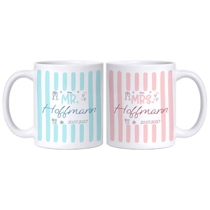 Personalisiertes Mr & Mrs Tassenset mit Nachnamen und Hochzeitsdatum