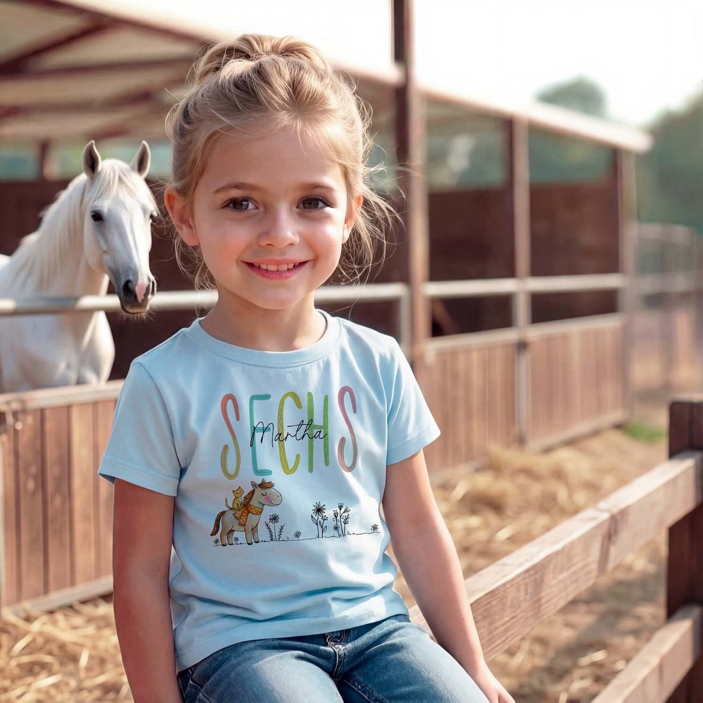 Mädchen trägt hellblaues Kinder Bio-T-Shirt "Pferd & Katze" (Personalisiert)