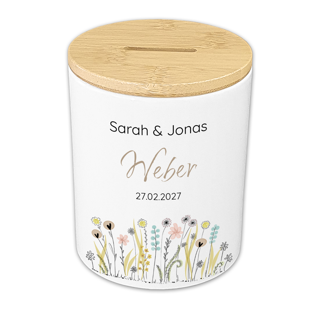 Personalisierte Hochzeits-Spardose "Minimalist Design" aus Keramik & Holz
