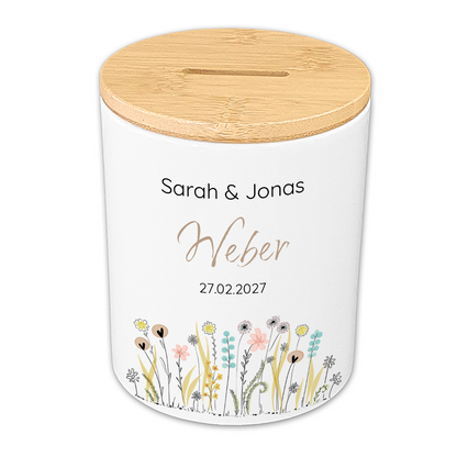 Personalisierte Hochzeits-Spardose "Minimalist Design" aus Keramik & Holz