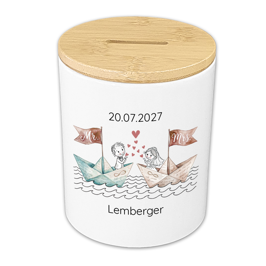 Personalisierte Hochzeits-Spardose "Minimalist Design" aus Keramik & Holz