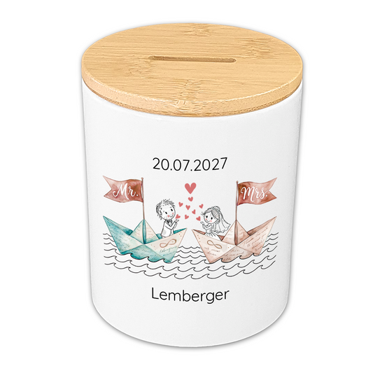 Personalisierte Hochzeits-Spardose "Minimalist Design" aus Keramik & Holz