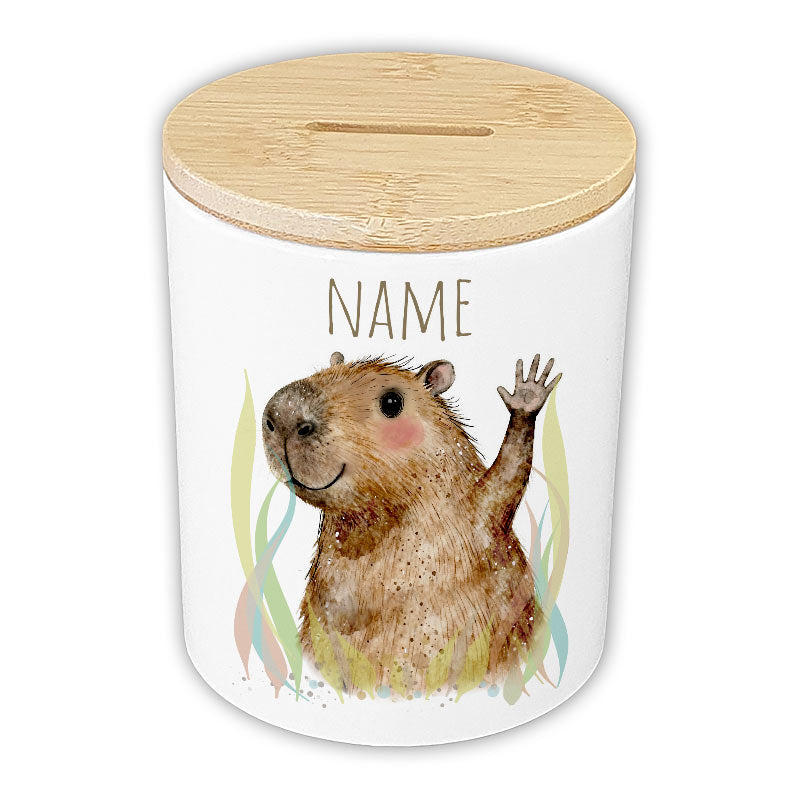 Personalisierte Spardose "Aquarell-Tiere" | Keramik mit Bambusdeckel