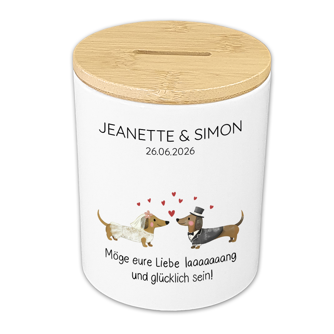 Personalisierte Hochzeits-Spardose "Minimalist Design" aus Keramik & Holz
