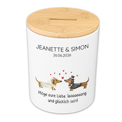 Personalisierte Hochzeits-Spardose "Minimalist Design" aus Keramik & Holz