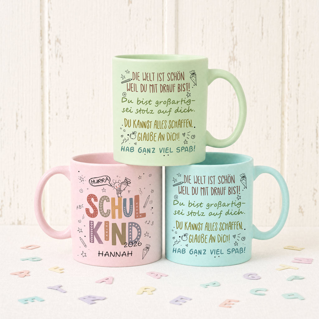 Schulkind Tasse in Pastell Beige, Grün, Rosa und Blau