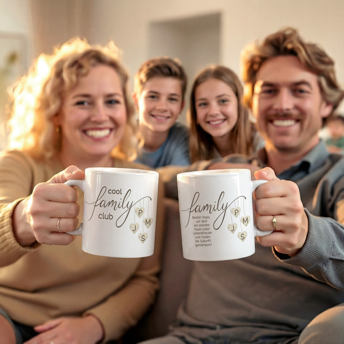 Zwei stilvolle Keramiktassen nebeneinander als Eltern-Set. Eine schöne Geschenkidee für Familien mit beidseitigem, hochwertigem Druck.