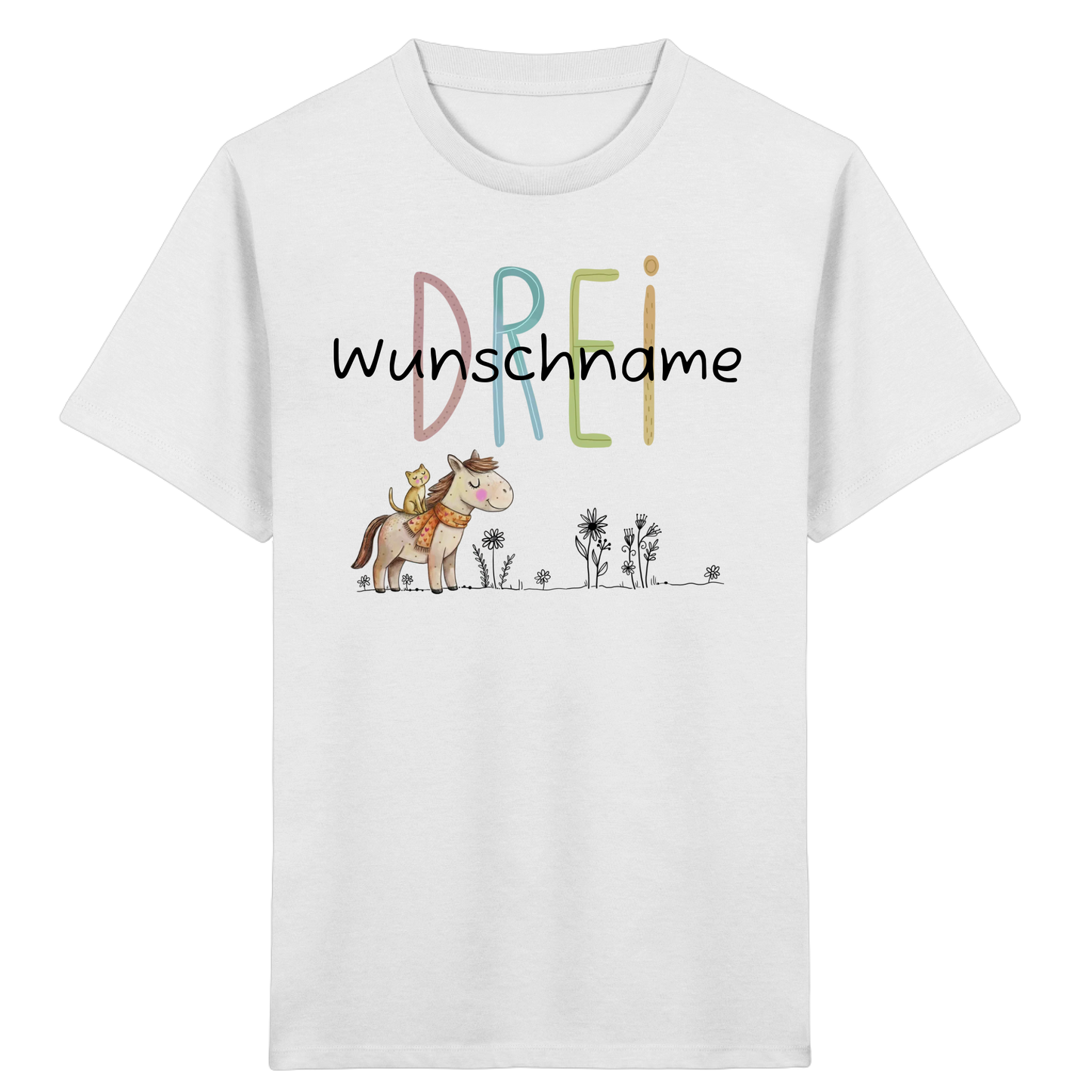 Kinder Geburtstagsshirt "Pferd & Katze" – Personalisiert mit Name & Zahl